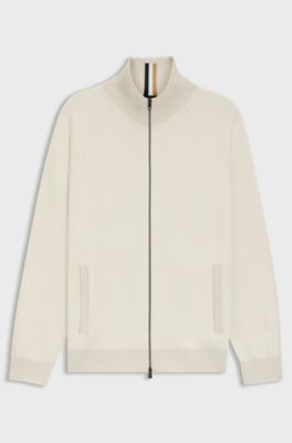 Zip-up cardigan in cotton and virgin wool, Natural