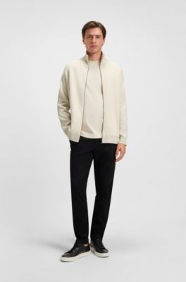 Zip-up cardigan in cotton and virgin wool, Natural