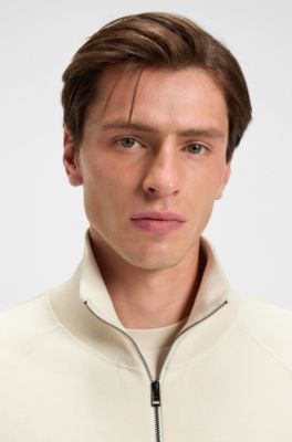 Zip-up cardigan in cotton and virgin wool, Natural