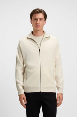 Zip-up cardigan in cotton and virgin wool, Natural