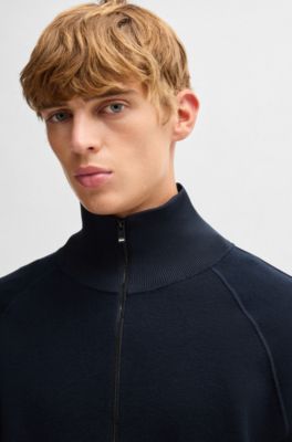 Zip-up cardigan in cotton and virgin wool, Dark Blue