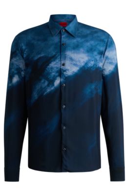 HUGO - Slim-fit shirt in abstract-print poplin 