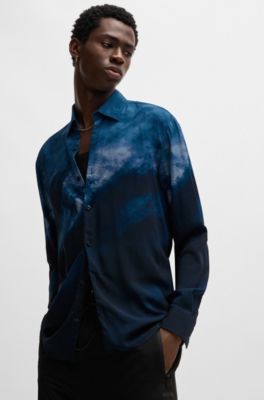 HUGO - Slim-fit shirt in abstract-print poplin 