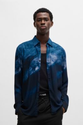 HUGO - Slim-fit shirt in abstract-print poplin