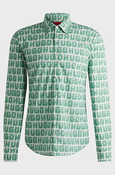 Slim-fit shirt in logo-print stretch-cotton poplin, Light Green