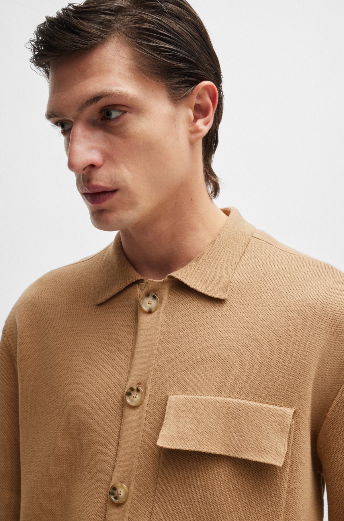 Relaxed-fit knitted overshirt in cotton, Beige