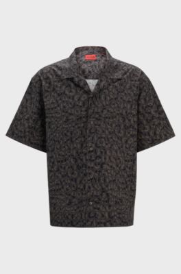 Oversized-fit shirt in seasonal-print cotton poplin, Black Patterned