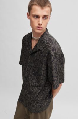Oversized-fit shirt in seasonal-print cotton poplin, Black Patterned