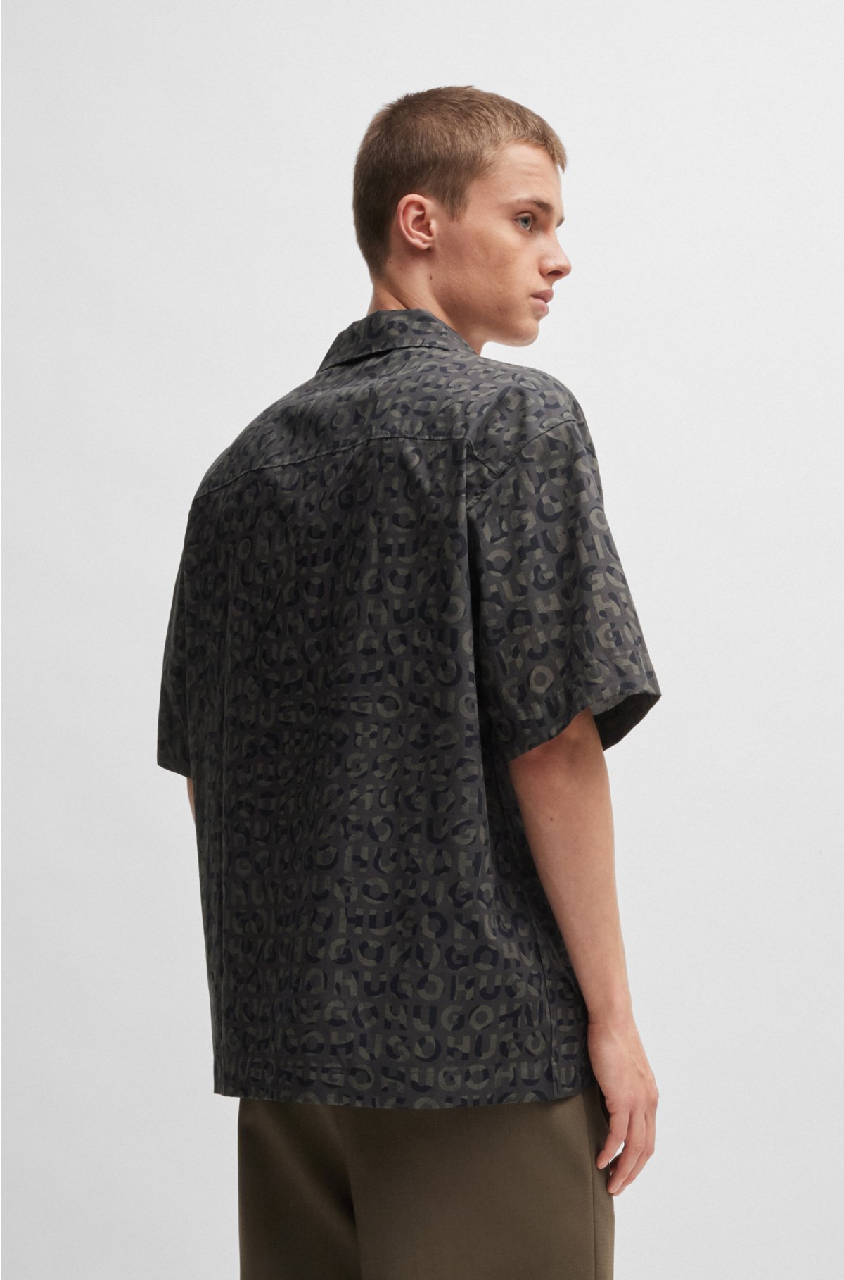 Oversized-fit shirt in seasonal-print cotton poplin, Black