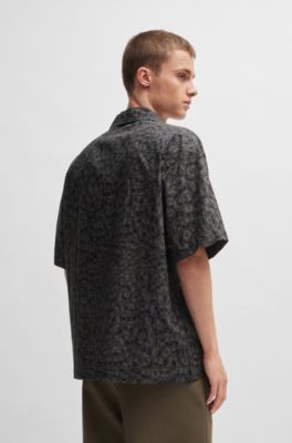 Oversized-fit shirt in seasonal-print cotton poplin, Black Patterned