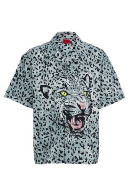 HUGO - Oversized short-sleeved shirt in animal-print cotton