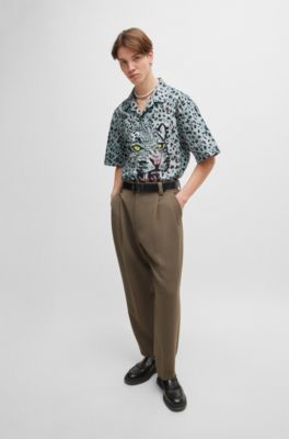 HUGO - Oversized short-sleeved shirt in animal-print cotton