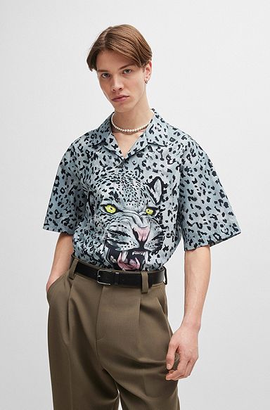 Oversized short-sleeved shirt in animal-print cotton, Light Grey