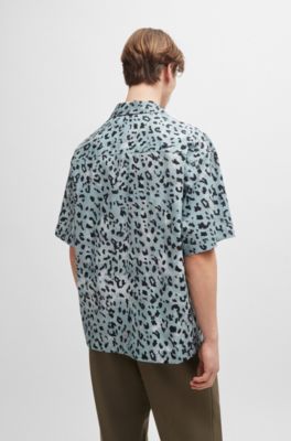 HUGO - Oversized short-sleeved shirt in animal-print cotton
