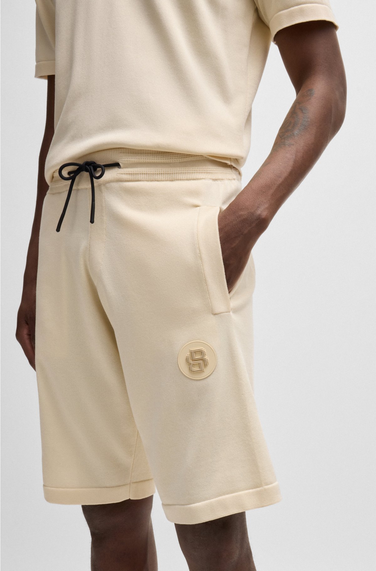 Regular-fit shorts with double-monogram badge, Natural