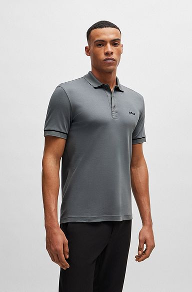 Interlock-cotton slim-fit polo shirt with contrast trims, Grey