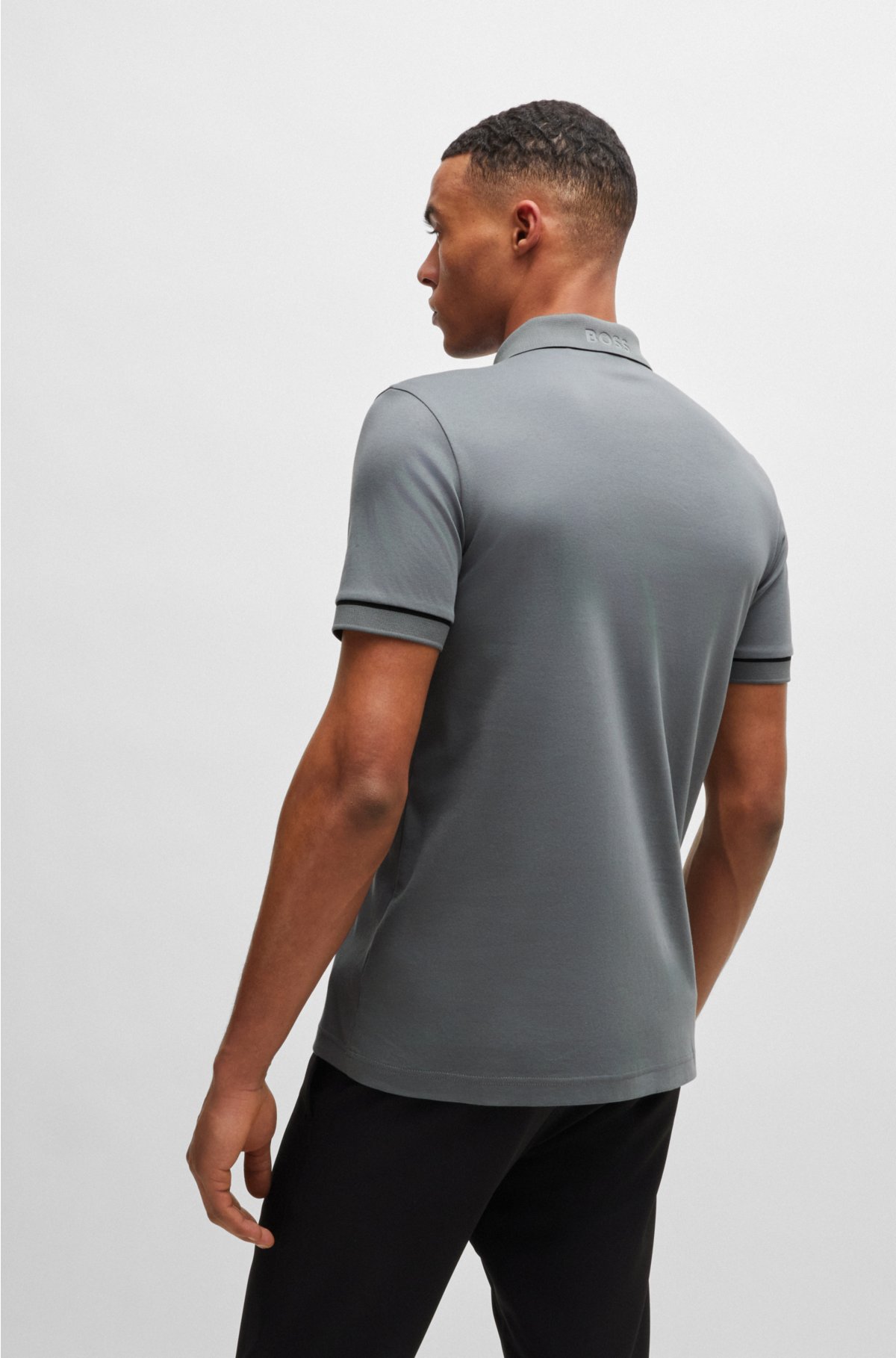 Interlock-cotton slim-fit polo shirt with contrast trims, Grey