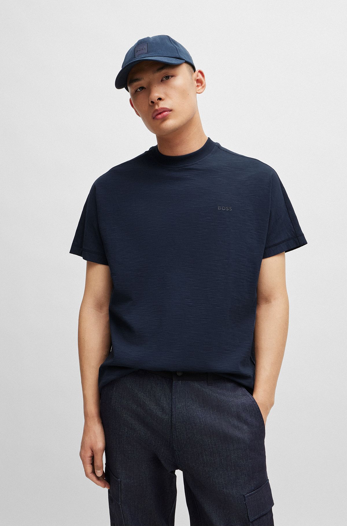 Cotton-jersey relaxed-fit T-shirt with tonal logo, Dark Blue