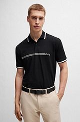 Cotton-blend polo shirt with stripes and logo, Black