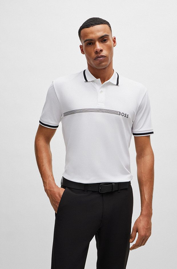 Cotton-blend polo shirt with stripes and logo, White