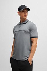 Cotton-blend polo shirt with stripes and logo, Grey