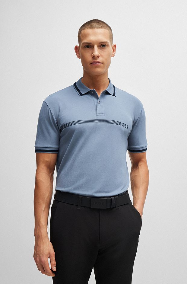 Cotton-blend polo shirt with stripes and logo, Light Blue