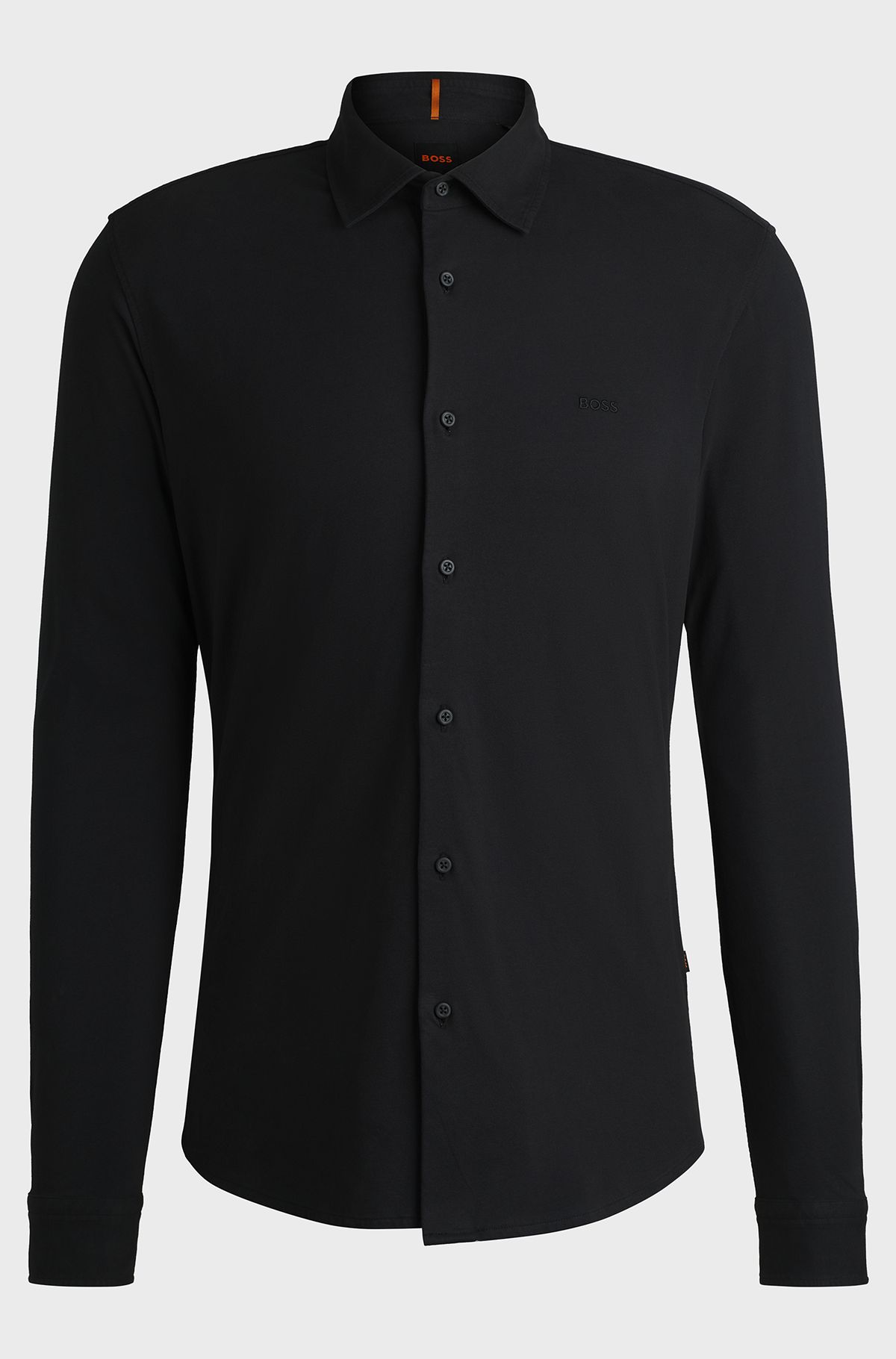 Slim-fit shirt in cotton jersey with embroidered branding, Black