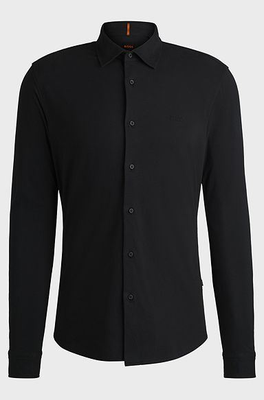Slim-fit shirt in cotton jersey with embroidered branding, Black