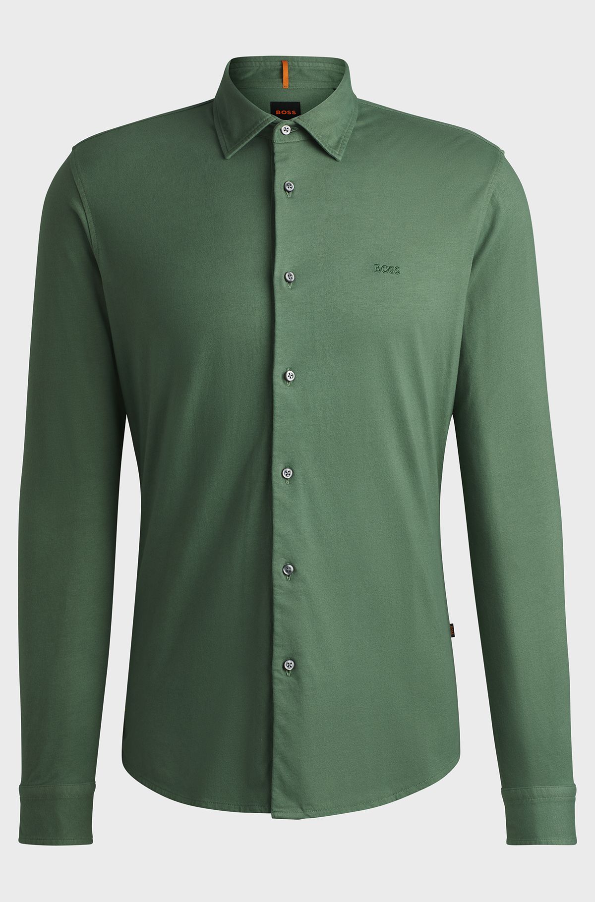 Slim-fit shirt in cotton jersey with embroidered branding, Light Green