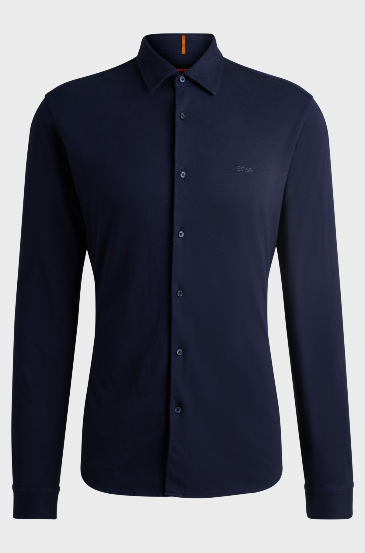 Slim-fit shirt in cotton jersey with embroidered branding, Dark Blue