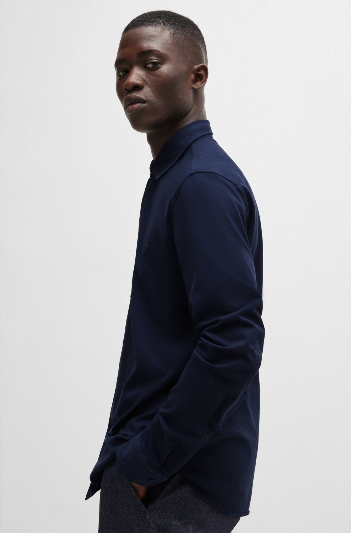 Slim-fit shirt in cotton jersey with embroidered branding, Dark Blue