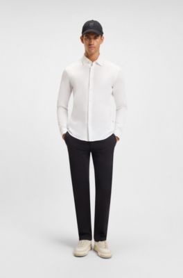 Camisa slim fit de punto de algod&oacute;n jaspeado, Blanco