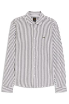 Slim-fit shirt in melange cotton jersey, Green stripes