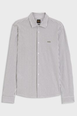 Slim-fit shirt in melange cotton jersey, Green Stripes