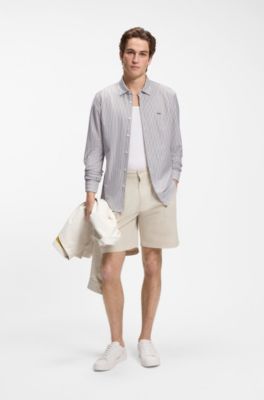 Slim-fit shirt in melange cotton jersey, Green Stripes