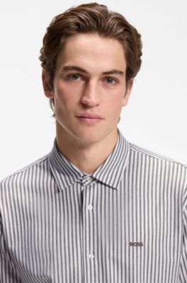 Slim-fit shirt in melange cotton jersey, Green Stripes