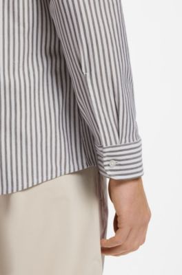 Slim-fit shirt in melange cotton jersey, Green Stripes