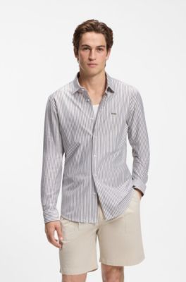 Slim-fit shirt in melange cotton jersey, Green Stripes