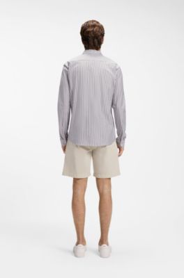 Slim-fit shirt in melange cotton jersey, Green Stripes
