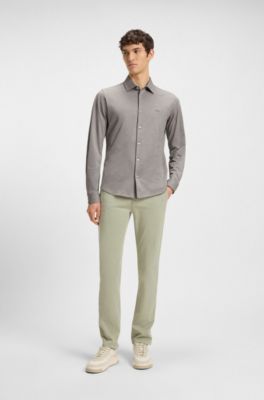 Slim-fit shirt in melange cotton jersey, Light Green