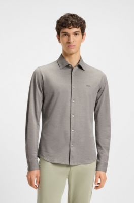 Slim-fit shirt in melange cotton jersey, Light Green