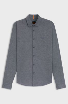 Slim fit skjorte i meleret bomuldsjersey, M&oslash;rkegr&aring;