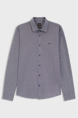 Slim-fit shirt in melange cotton jersey, Dark Blue