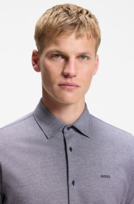 Slim-fit shirt in melange cotton jersey, Dark Blue
