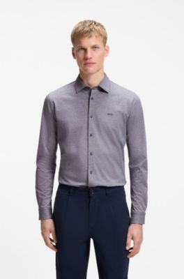 Slim-fit shirt in melange cotton jersey, Dark Blue