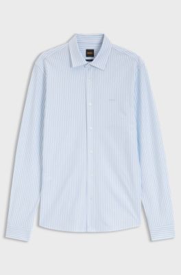 Slim-fit shirt in melange cotton jersey, Light Blue Stripes