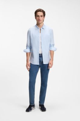 Slim-fit shirt in melange cotton jersey, Light Blue Stripes