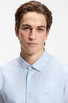 Slim-fit shirt in melange cotton jersey, Light Blue Stripes