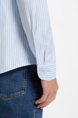 Slim-fit shirt in melange cotton jersey, Light Blue Stripes