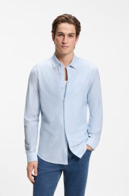Slim-fit shirt in melange cotton jersey, Light Blue Stripes